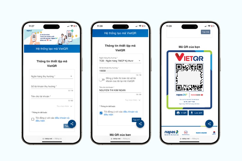 Website VietQR.net giúp bạn tạo mã QR ngân hàng nhanh chóng và miễn phí, liên kết với hơn 40 ngân hàng tại Việt Nam.